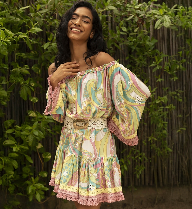 Vestido corto Gina - estampados pastel - bordados adornados con espejos brillantes - Miss June Paris - 2