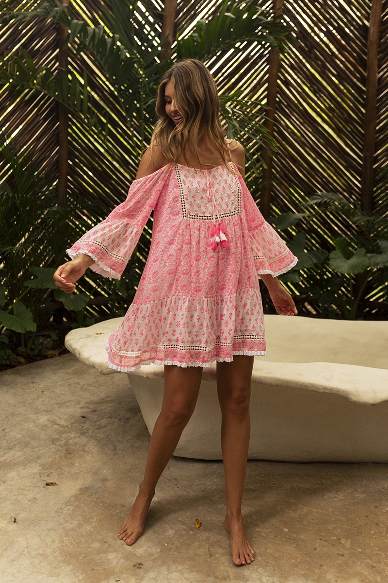 Vestido corto Celya - blanco / rosa neón - hombros descubiertos - tirantes elegantes - Miss June Paris - 2
