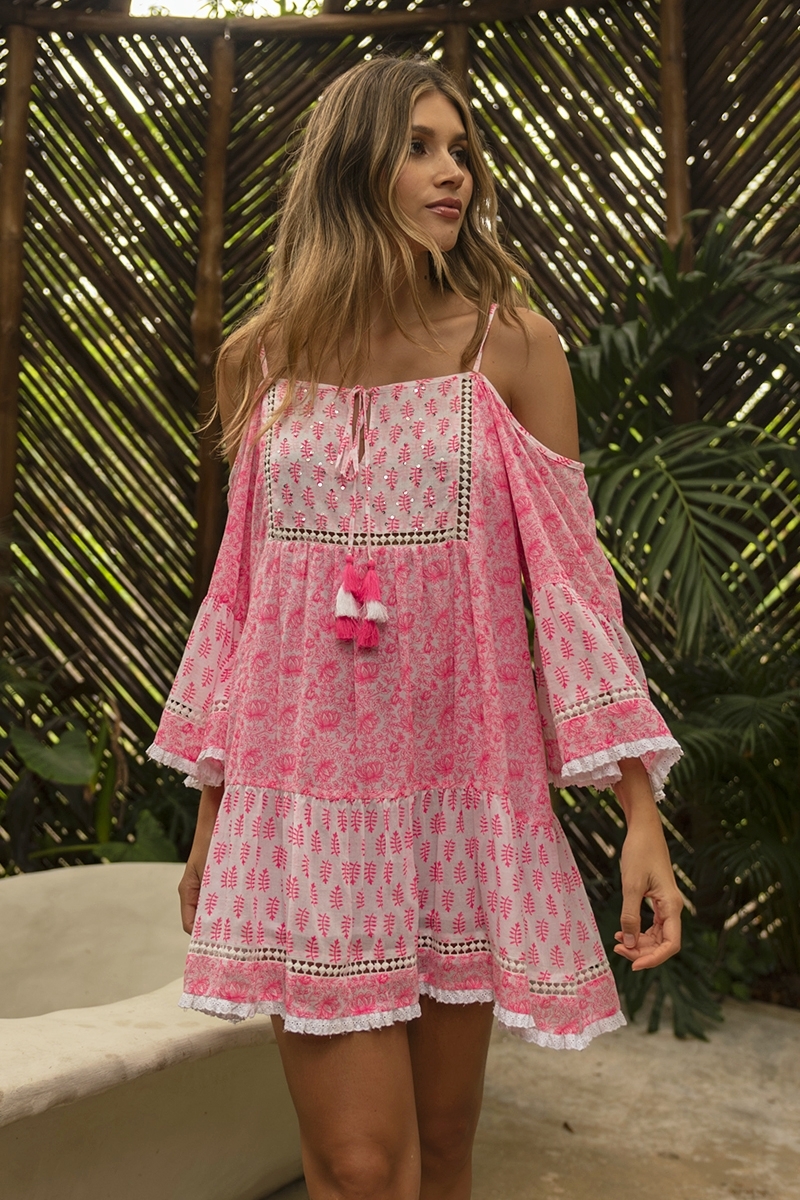 Vestido corto Celya - blanco / rosa neón - hombros descubiertos - tirantes elegantes - Miss June Paris - 1