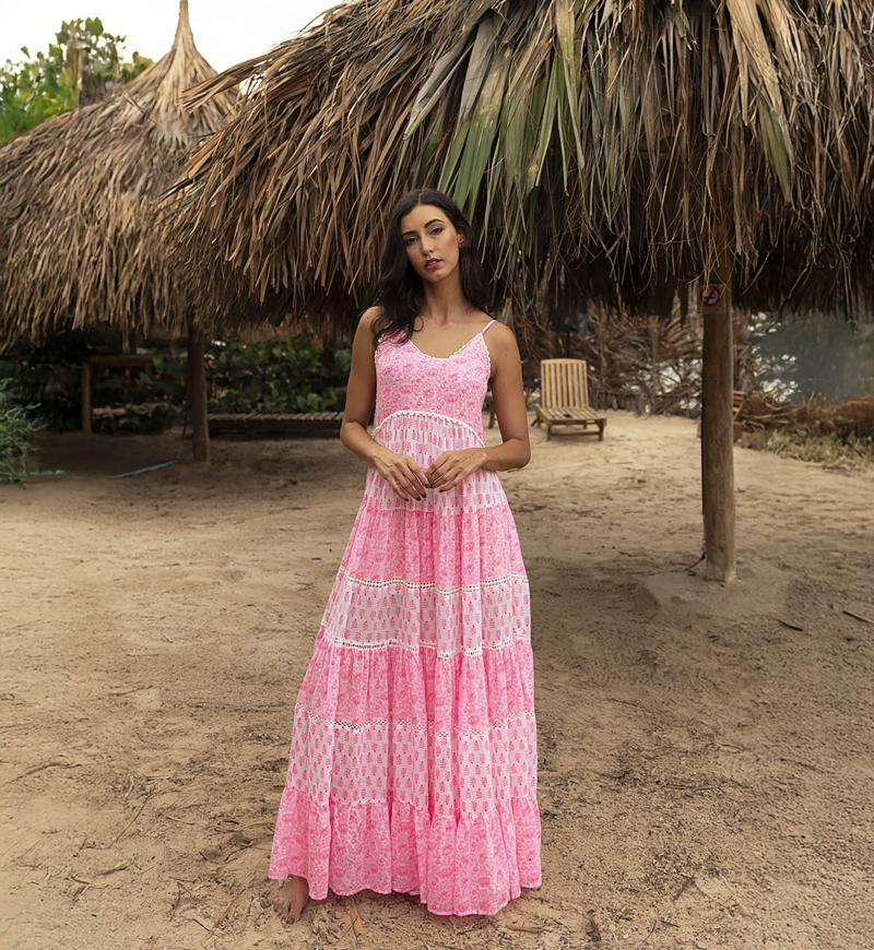 Vestido largo Dayana - floral y ajustable - blanco / rosa neón - Miss June Paris - 1