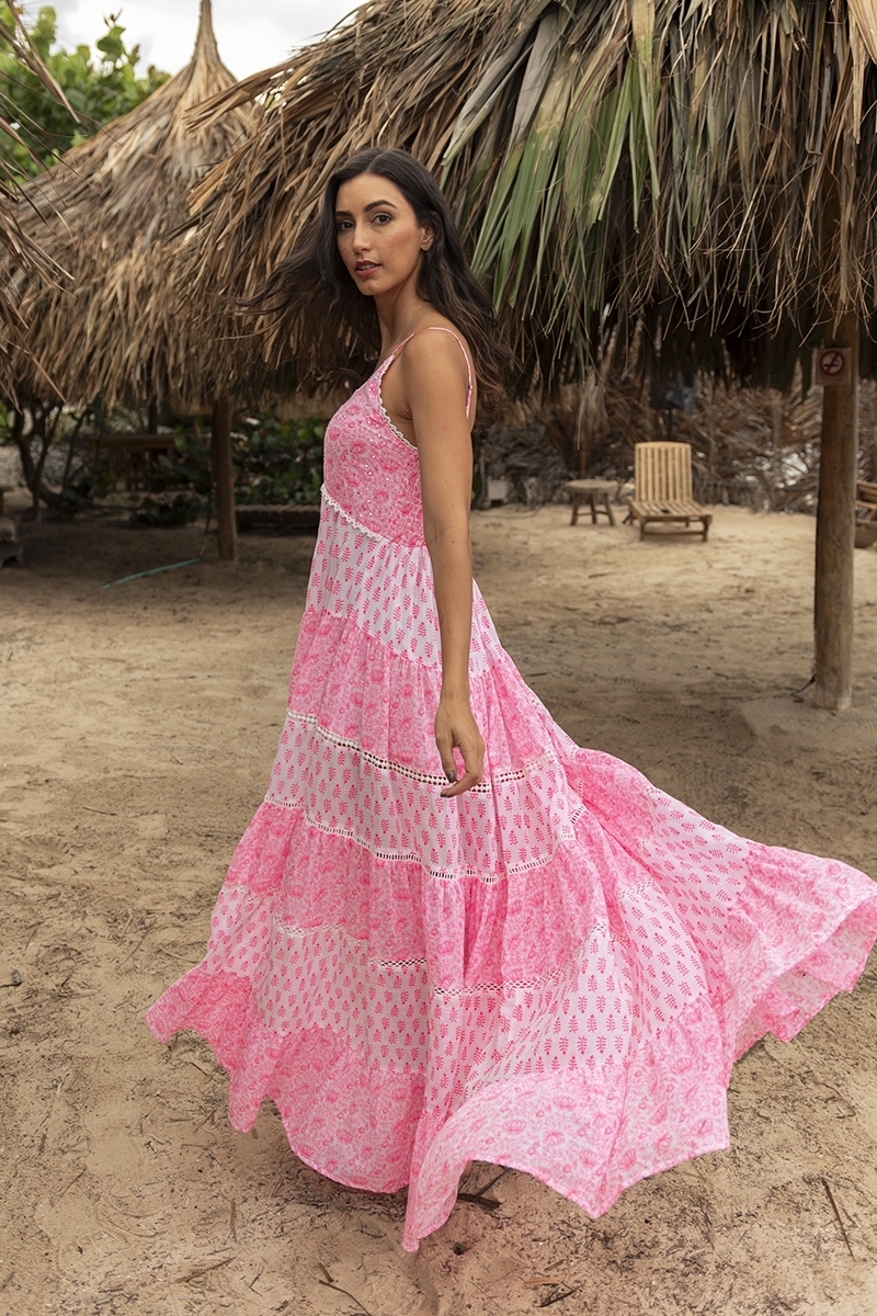 Vestido largo Dayana - floral y ajustable - blanco / rosa neón - Miss June Paris - 2