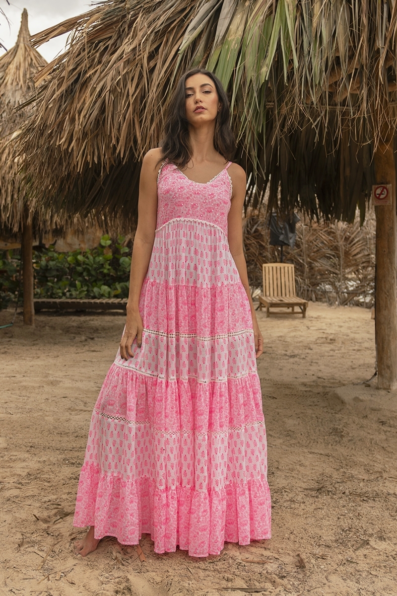 Vestido largo Dayana - floral y ajustable - blanco / rosa neón - Miss June Paris - 3