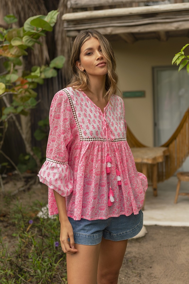 Sieralia blouse - neon pink - adorned with sequins and lace - sequined bib - long sleeves - Miss June Paris - 1