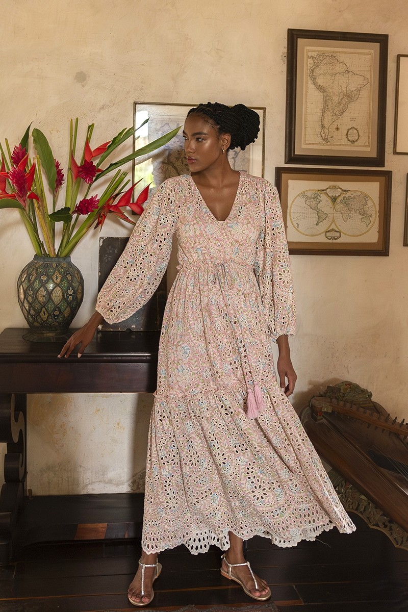 Ofelia long dress - pink embroidery - floral print - long sleeves - V-neckline - Miss June Paris - 1