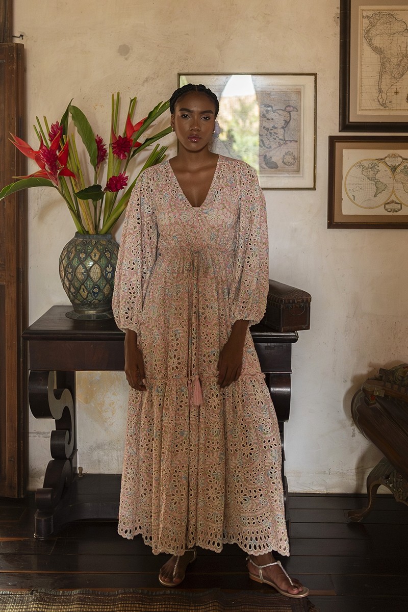 Ofelia long dress - pink embroidery - floral print - long sleeves - V-neckline - Miss June Paris - 2