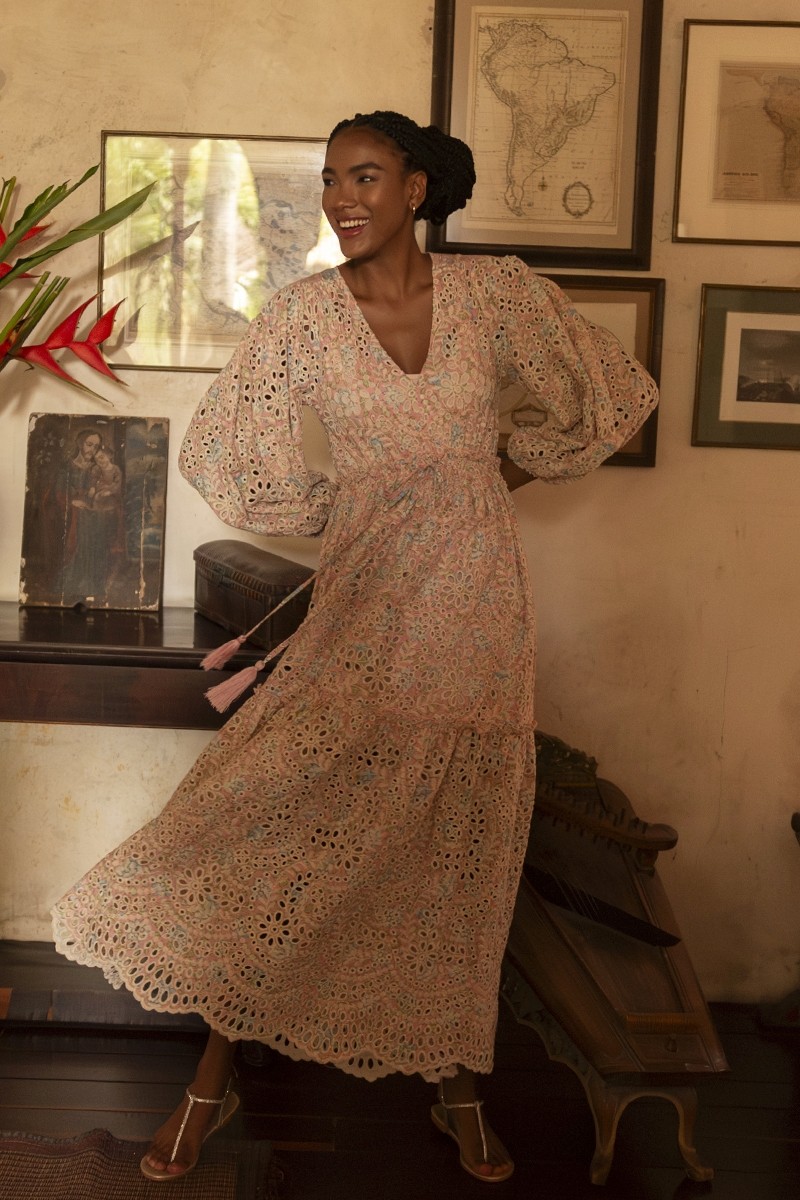 Ofelia long dress - pink embroidery - floral print - long sleeves - V-neckline - Miss June Paris - 3