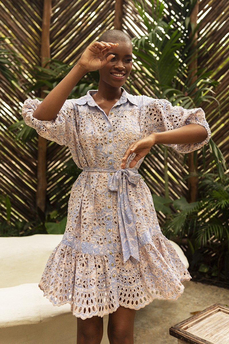 Violeta short dress - peach - blue floral print - removable belt - Miss June Paris - 1