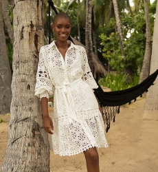 Abito corto Oriana - bianco - maniche lunghe - polsini smocked - ricamo delicato - Miss June Paris - 3