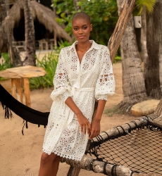 Abito corto Oriana - bianco - maniche lunghe - polsini smocked - ricamo delicato - Miss June Paris - 1