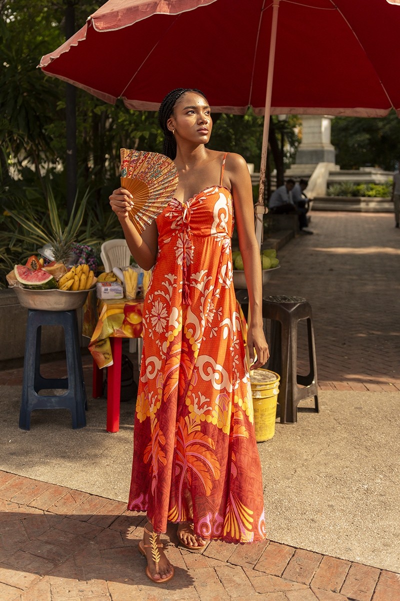 Wilma long dress - floral orange - bohemian style - one size - Miss June Paris - 1