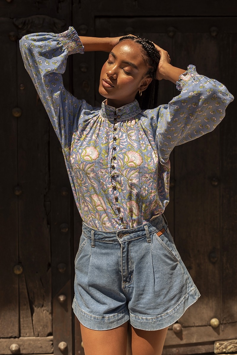 Raquel blouse - high collar - floral design - two bewitching colors - blue and pink - long sleeves - Miss June Paris - 8