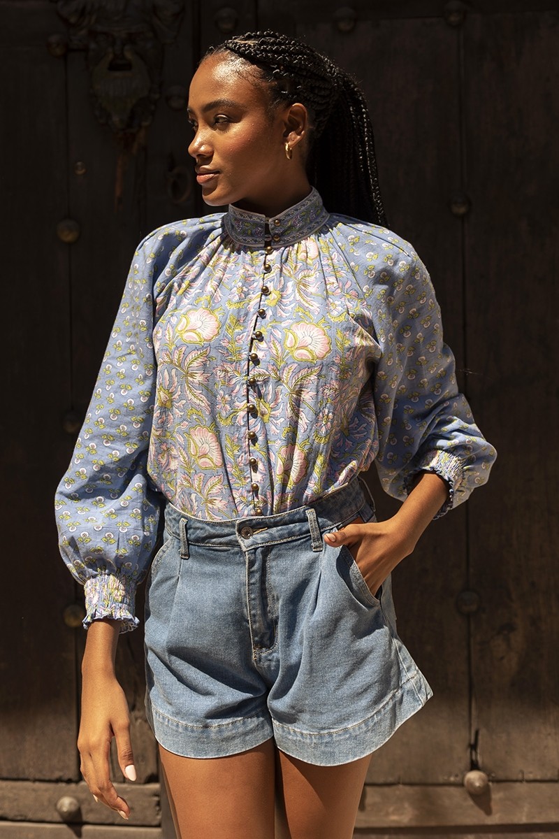 Raquel blouse - high collar - floral design - two bewitching colors - blue and pink - long sleeves - Miss June Paris - 10