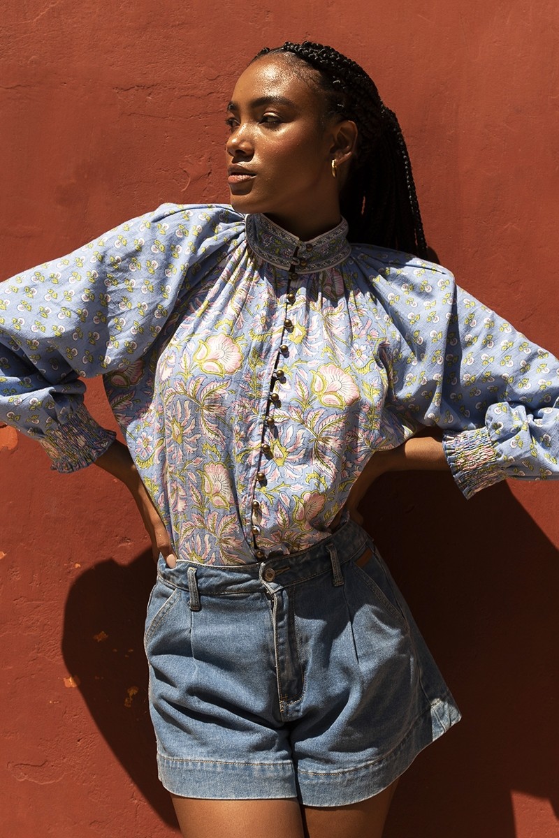 Raquel blouse - high collar - floral design - two bewitching colors - blue and pink - long sleeves - Miss June Paris - 9