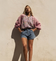 Raquel blouse - high collar - floral design - two bewitching colors - blue and pink - long sleeves - Miss June Paris - 3