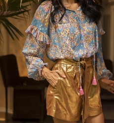 Blusa Renata - blusa azul claro - estampado cachemir rosa y dorado - manga larga - Miss June Paris - 2