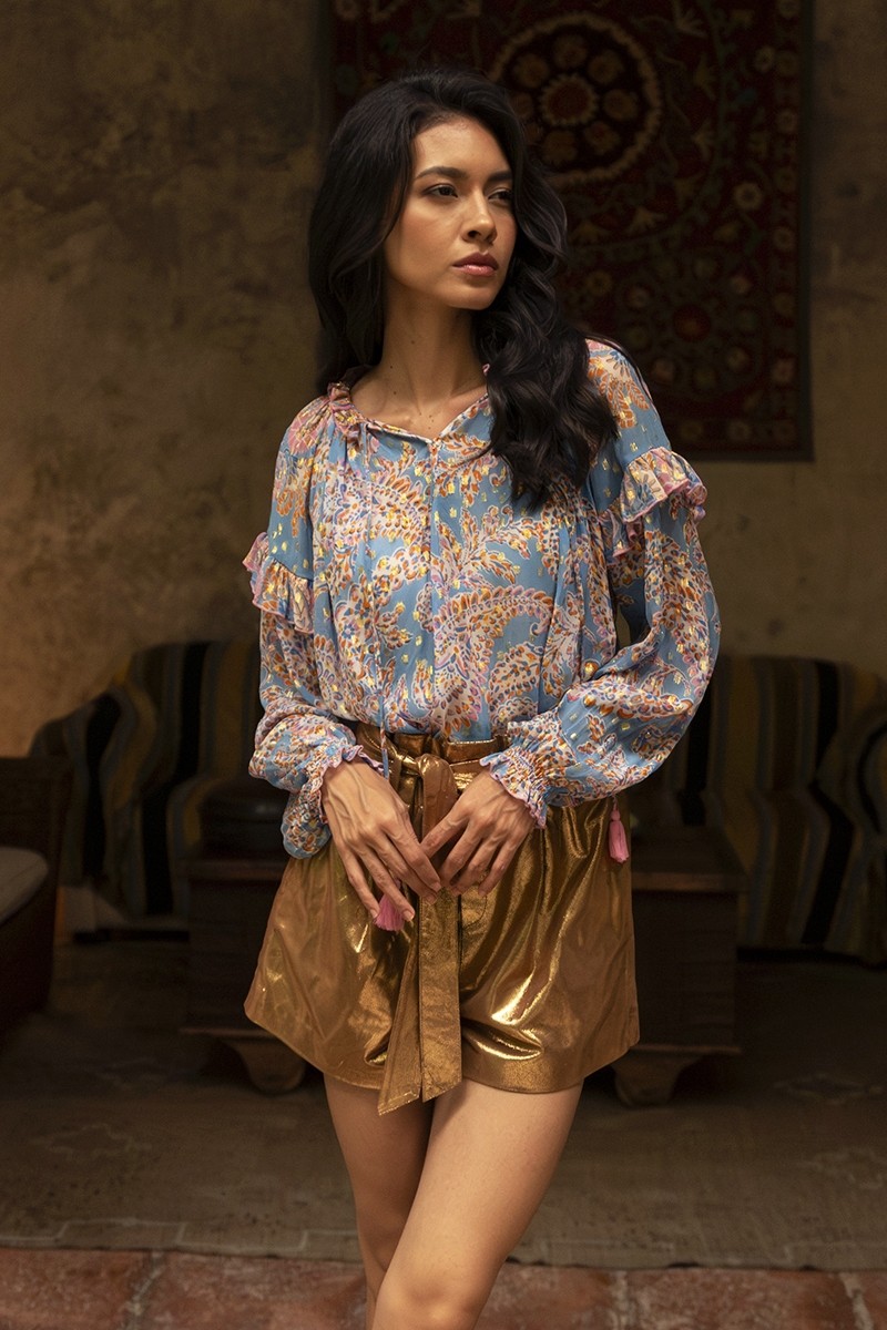 Renata blouse - light blue blouse - pink and gold paisley print - long sleeves - Miss June Paris - 3