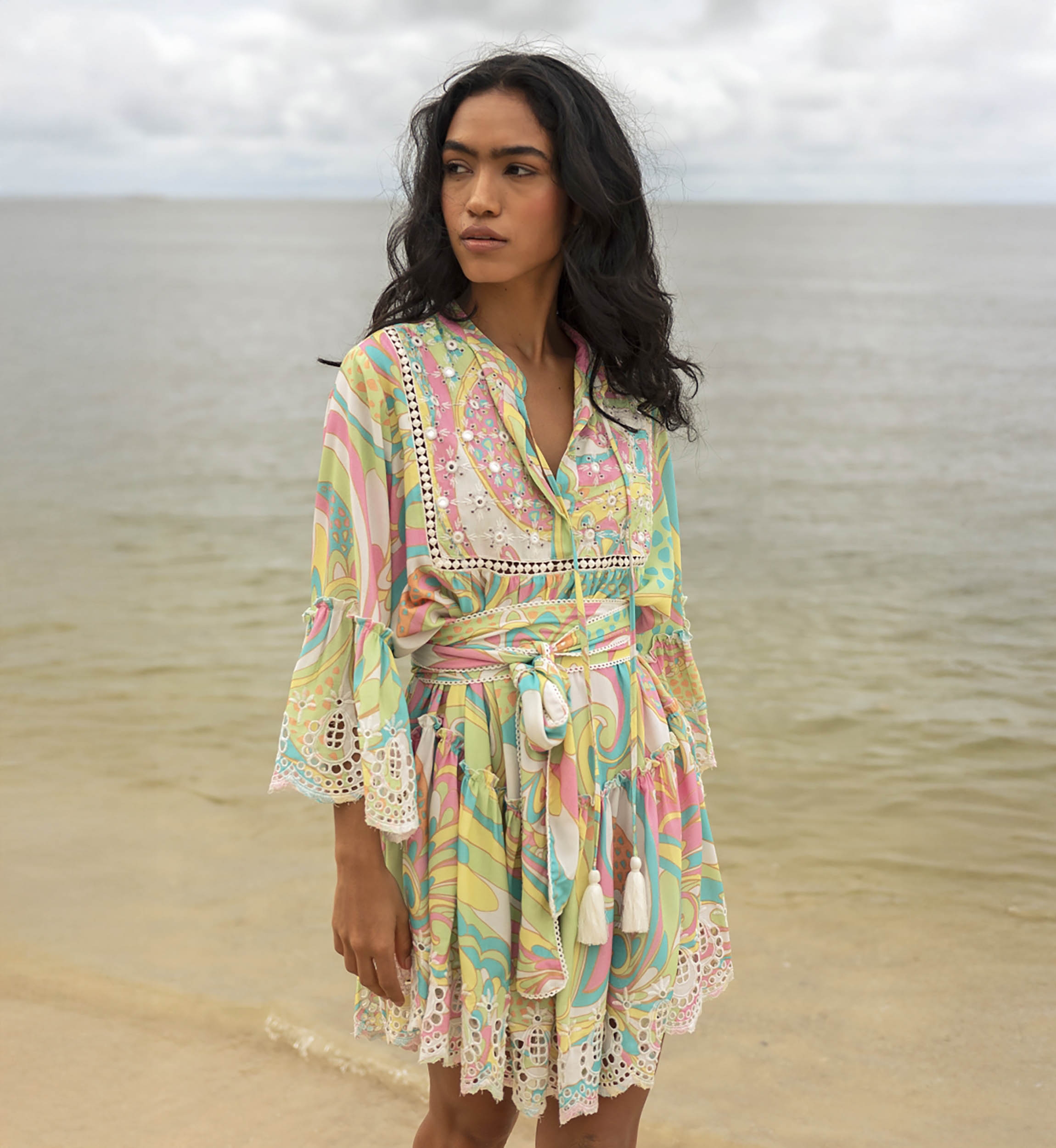 Querida short dress - pastel colors - casual style - delicately embroidered and adorned with small mirrors - Miss June Paris - 3