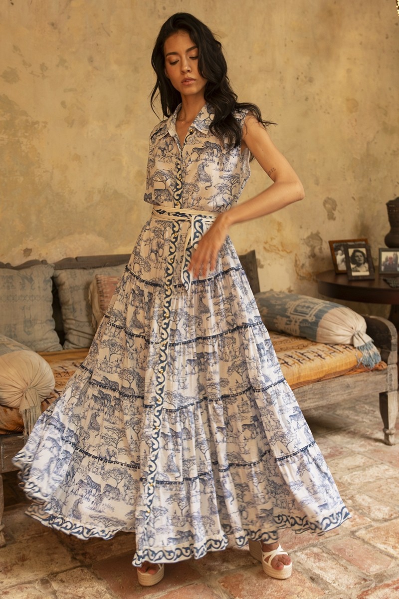 Georgina long dress - white - blue savannah motifs - fully buttoned - sleeveless - Miss June Paris - 1