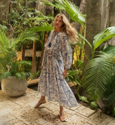 Robe longue Francesca - bleu - motif savane - silhouette élégante - manches longues - Miss June Paris - 1