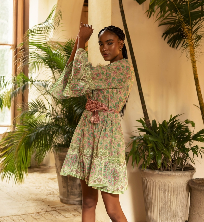 Helena short dress - pink and green - delicate floral print - embroidered details - Miss June Paris - 3