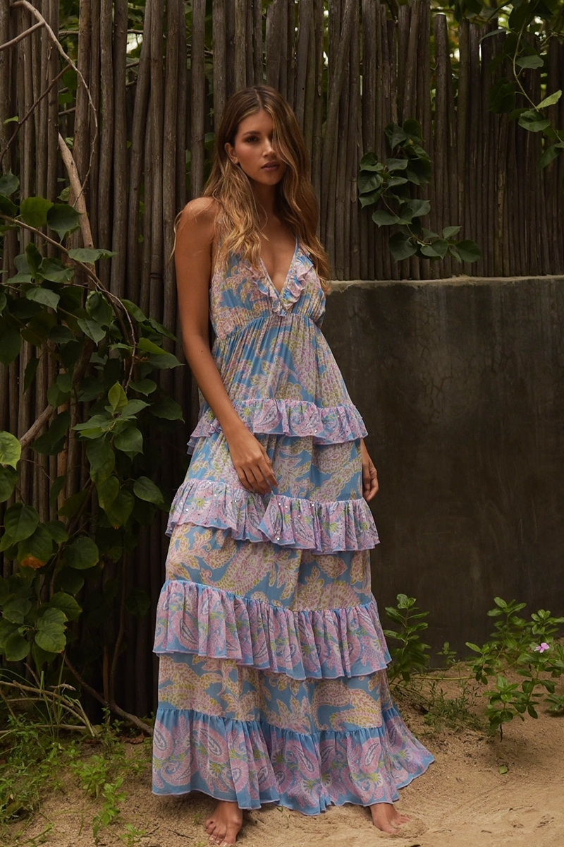 Vestido largo Yolanda - azul - estampado cachemir rosa - delicados volantes - discretas lentejuelas - Miss June Paris - 1