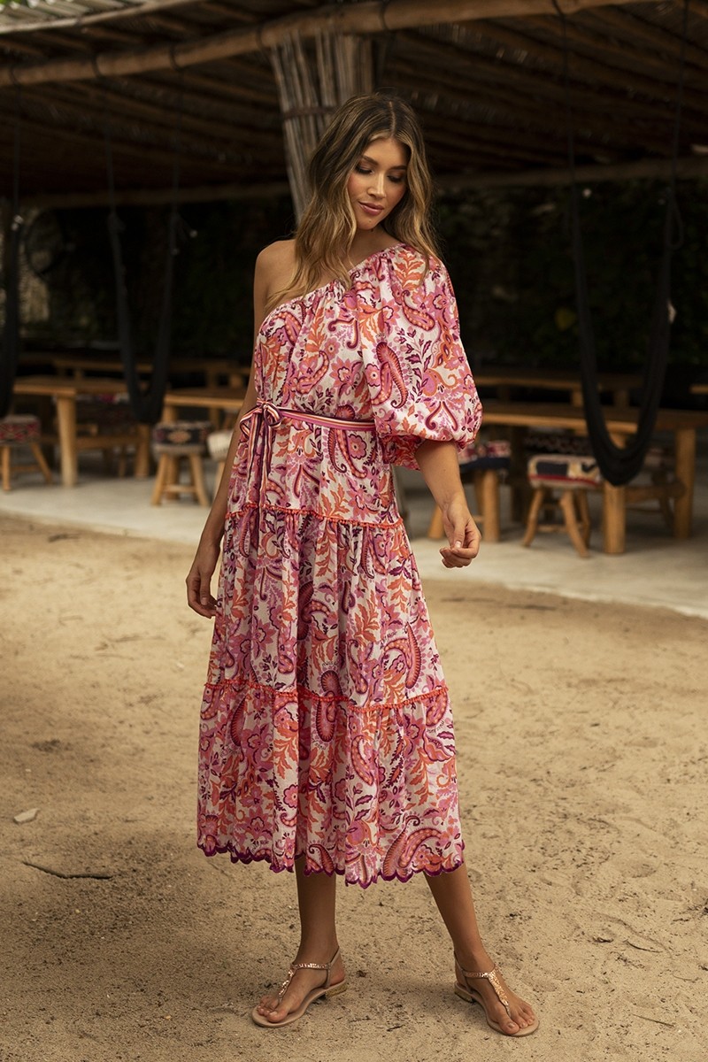 Belle long dress - boho chic style - paisley print - asymmetrical cut - one shoulder - Miss June Paris - 1