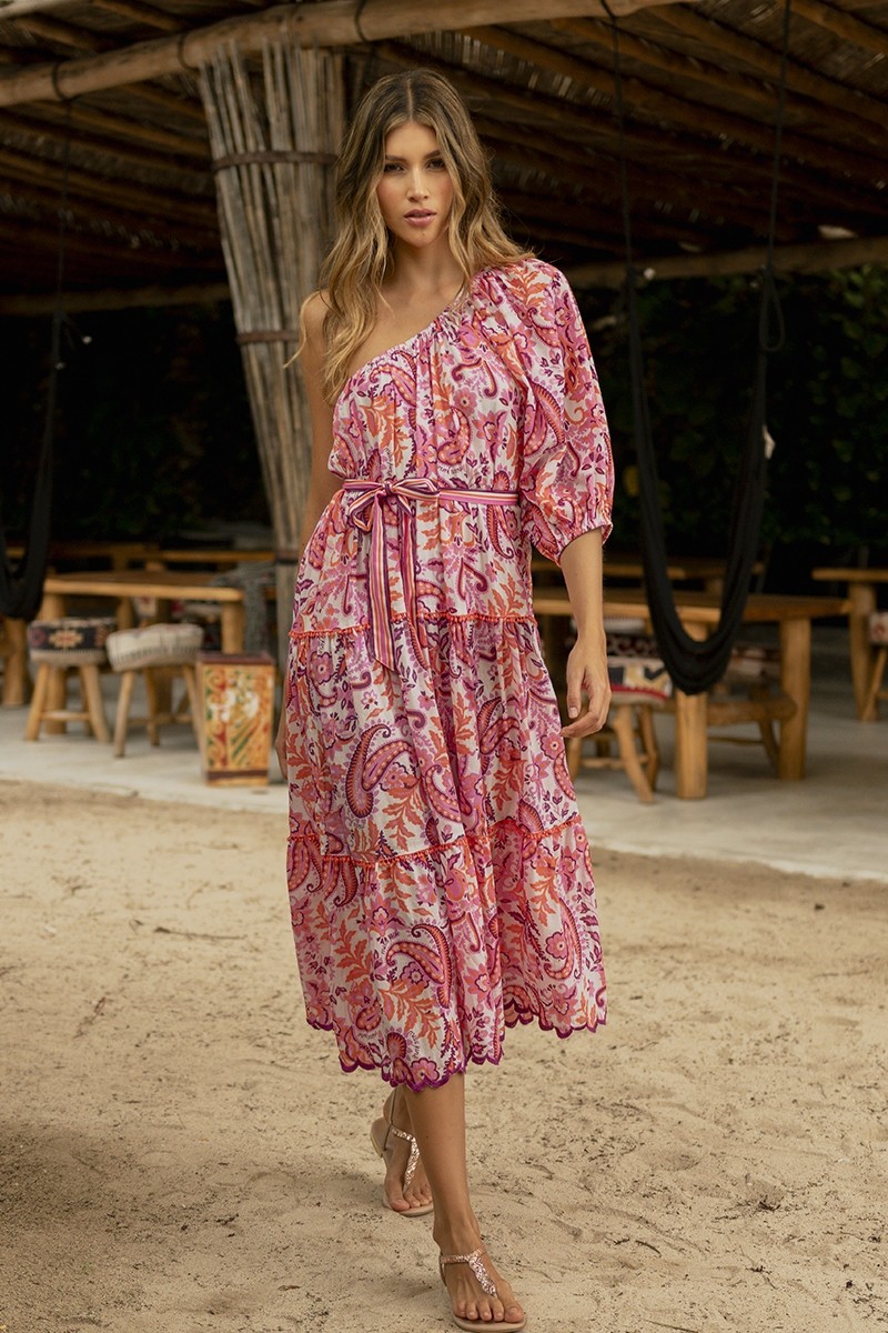 Belle long dress - boho chic style - paisley print - asymmetrical cut - one shoulder - Miss June Paris - 3