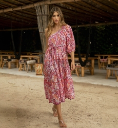 Vestido largo Belle - estilo bohemio chic - estampado cachemir - corte asimétrico - un hombro descubierto - Miss June Paris - 3