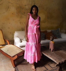 Vestido largo Amalia - largo ajustable - rosa neón - estampado bohemio - cuello amplio - Miss June Paris - 2