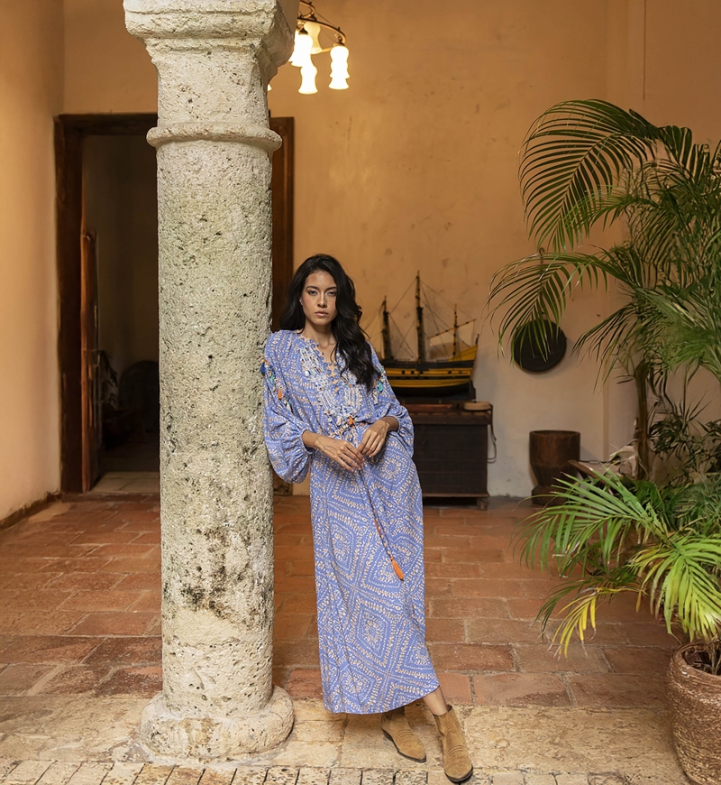 robe longue Alina - imprimé original - touches d'orange flamboyant - manches longues - Miss June Paris - 2