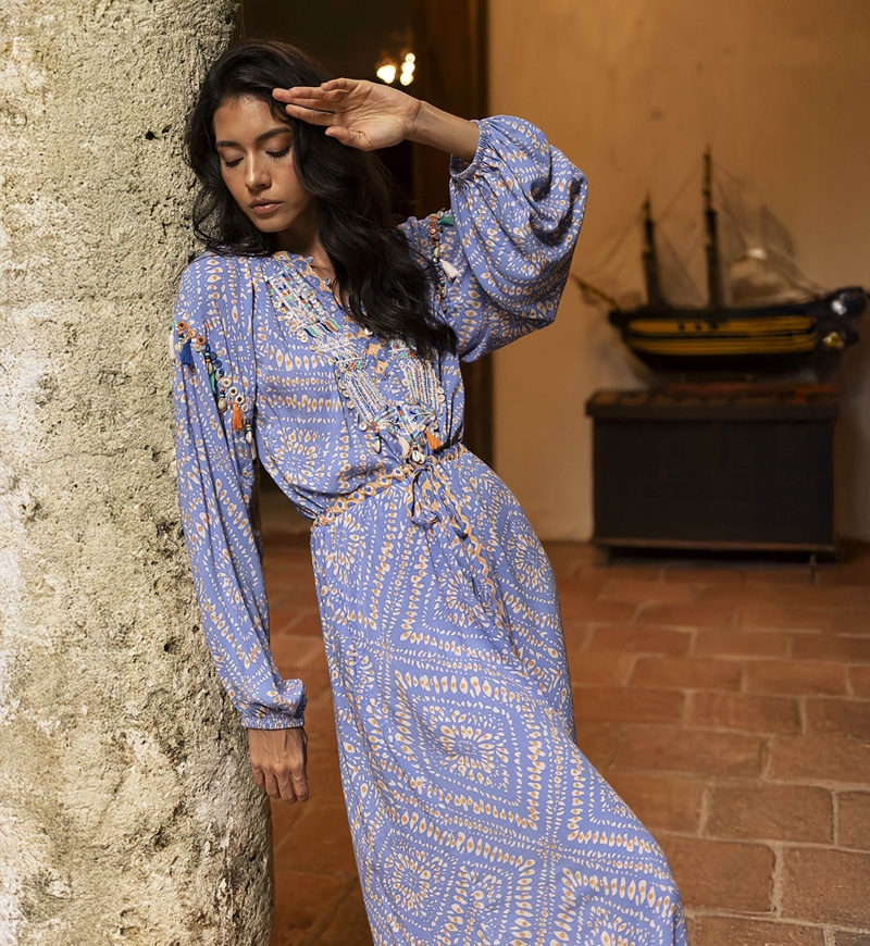 robe longue Alina - imprimé original - touches d'orange flamboyant - manches longues - Miss June Paris - 1