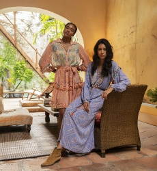 Vestido largo Alina - morado pastel - estampado original - toques de naranja encendido - manga larga - Miss June Paris - 3