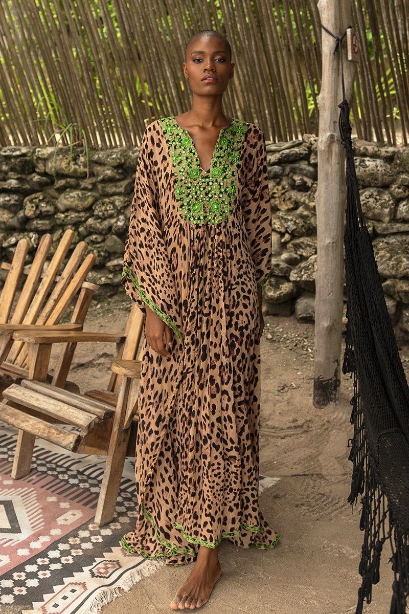 Caftan Long Lourdes - leopard print - green embroidered bib - Miss June Paris - 1