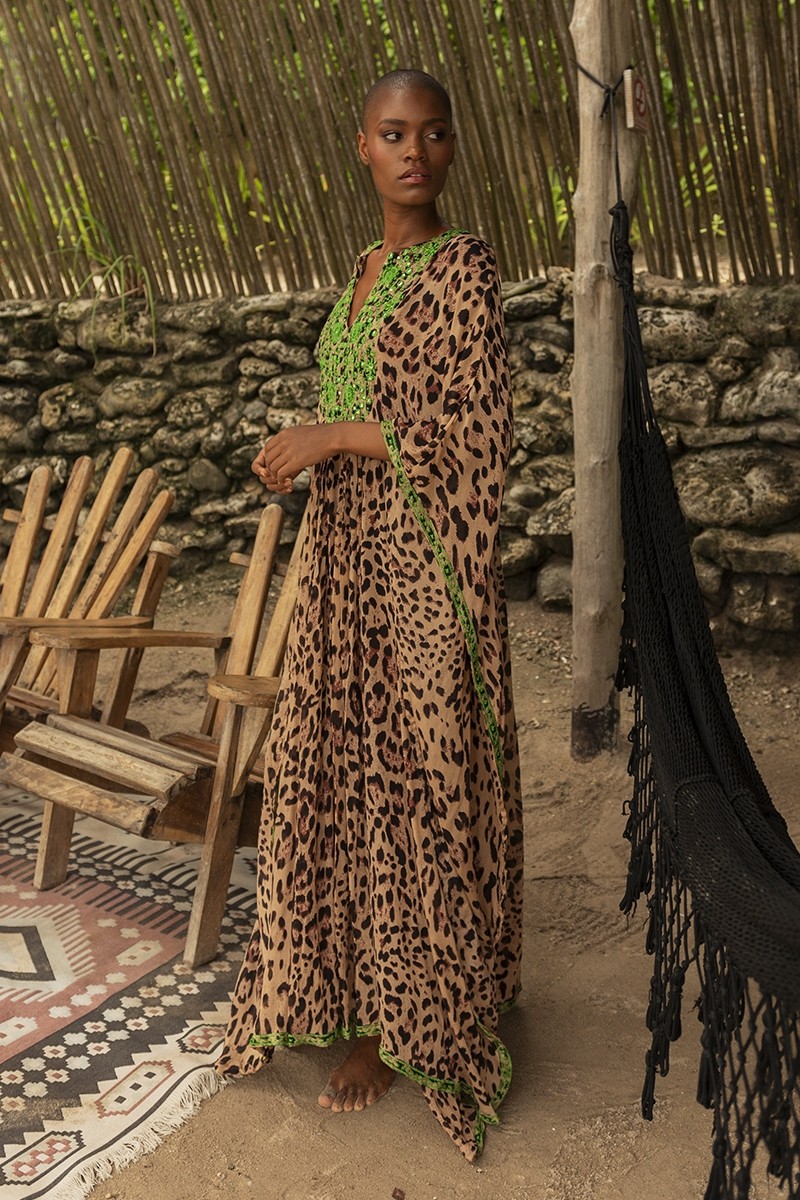 Caftan Long Lourdes - leopard print - green embroidered bib - Miss June Paris - 2