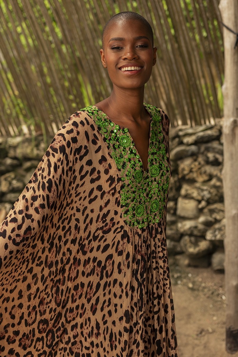 Caftan Long Lourdes - leopard print - green embroidered bib - Miss June Paris - 3