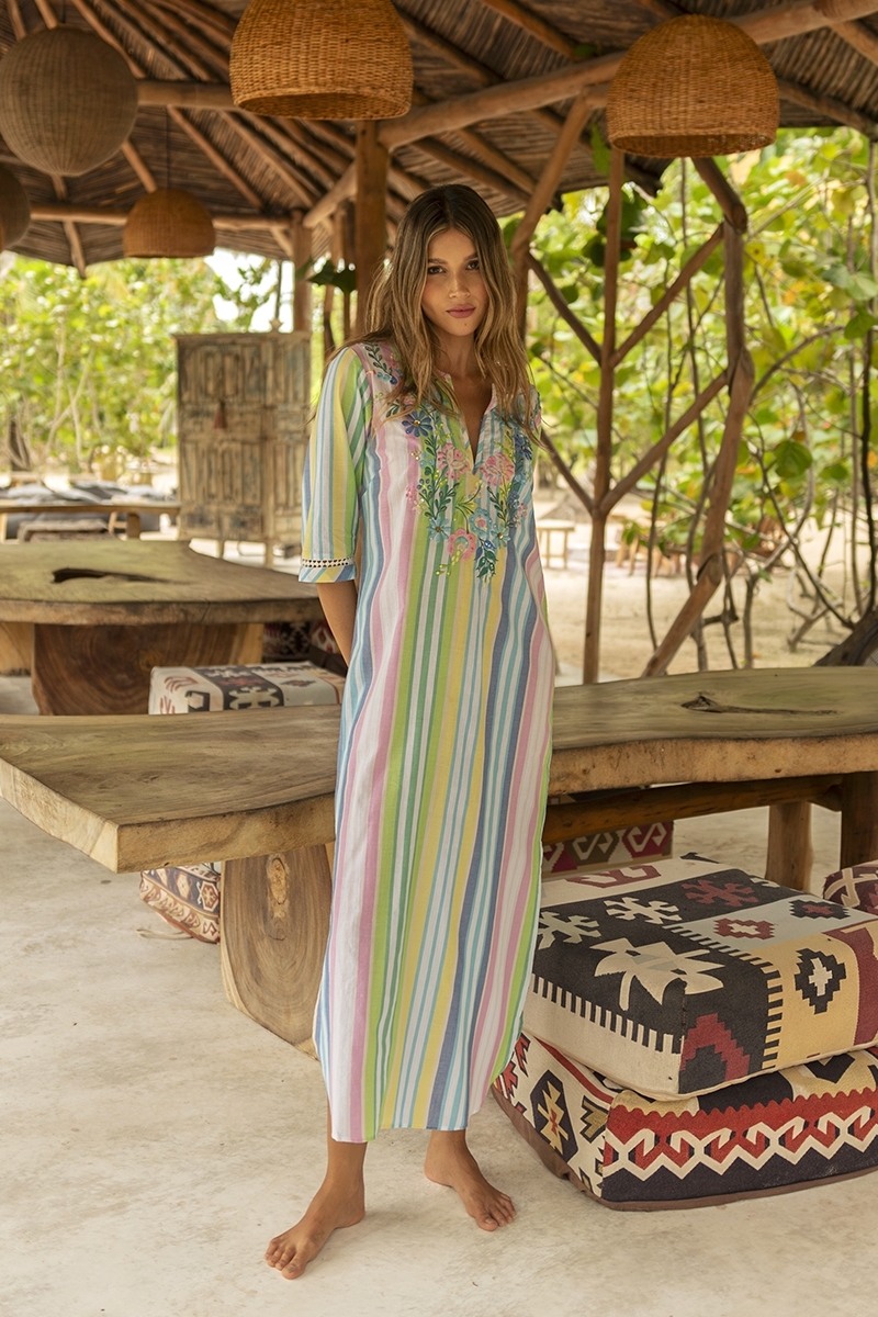 Robe longue Daria - imprimé à rayures pastel - broderies florales - Miss June Paris - 1
