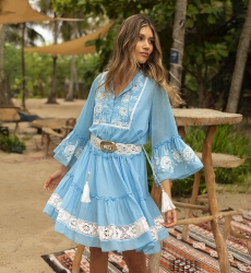 Cecilia short dress - blue with white embroidery - delicate lace - refined texture - Miss June Paris - 2