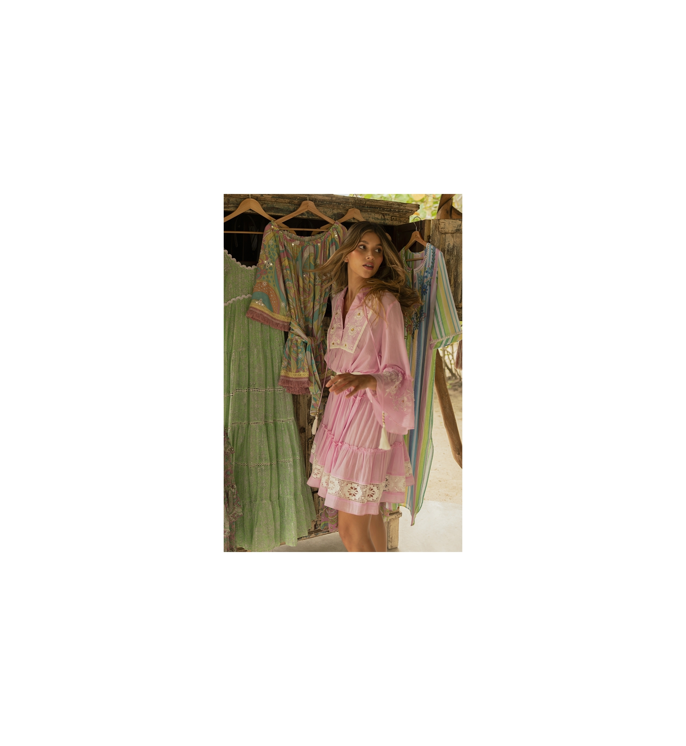 Cecilia short dress - pink with white embroidery - delicate lace - refined texture - Miss June Paris - 1