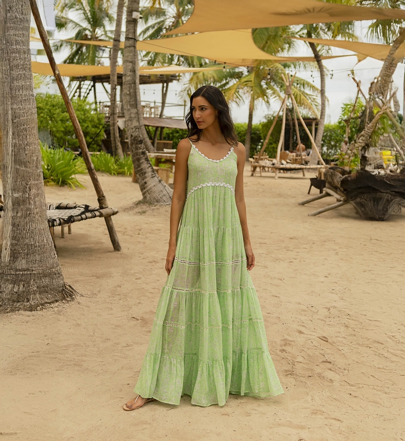 Vestido largo Graciela - verde - estampado floral - sutiles toques plateados - Miss June Paris - 1