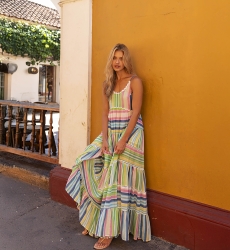 Vestido largo Patricia - pastel - estampado de rayas - vestido sin tirantes - Miss June Paris - 1