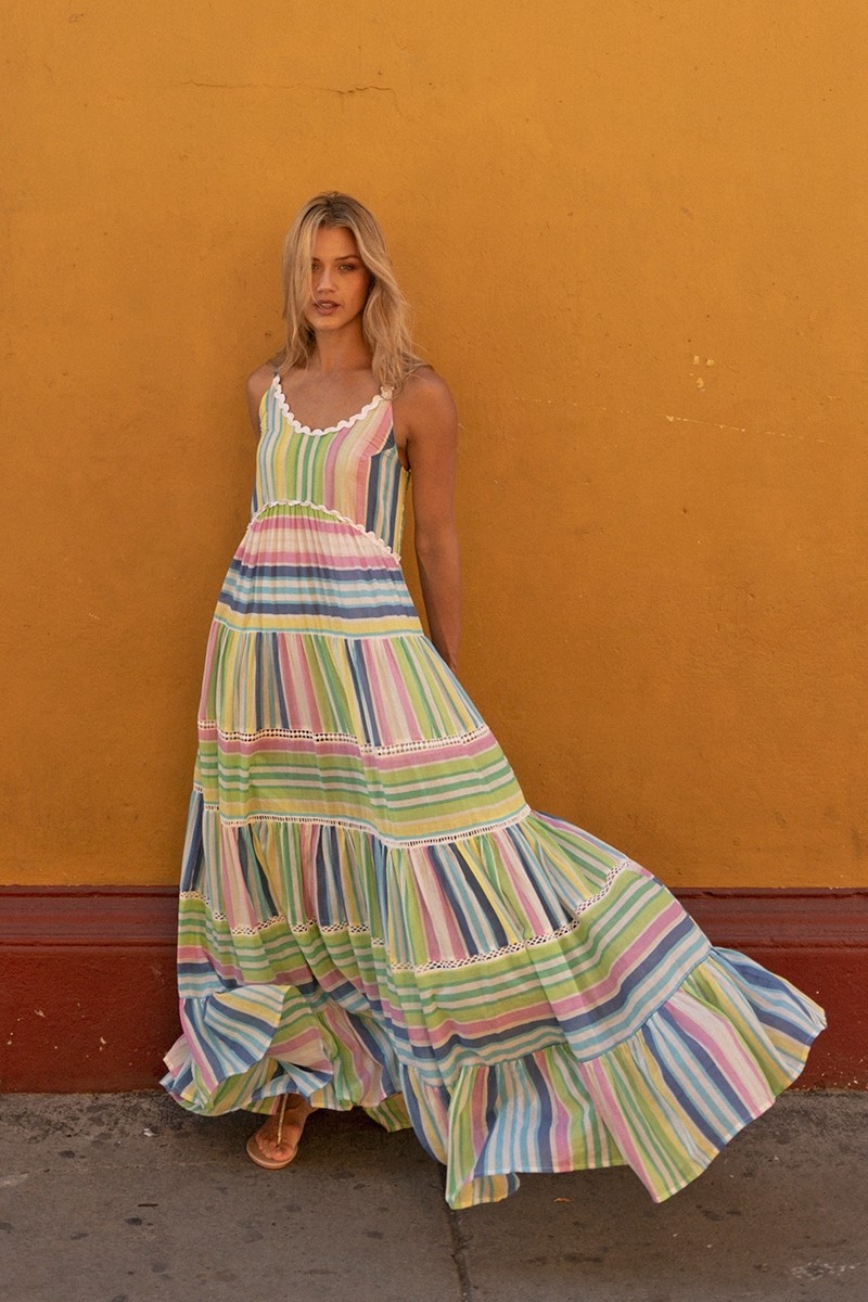 Patricia long dress - pastel - stripes print - strapless dress - Miss June Paris - 2