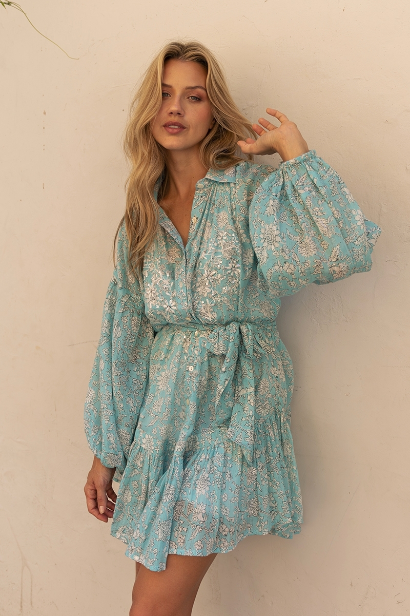 Vestido corto Pia - azul - manga larga - bordado con lentejuelas - Miss June Paris - 1