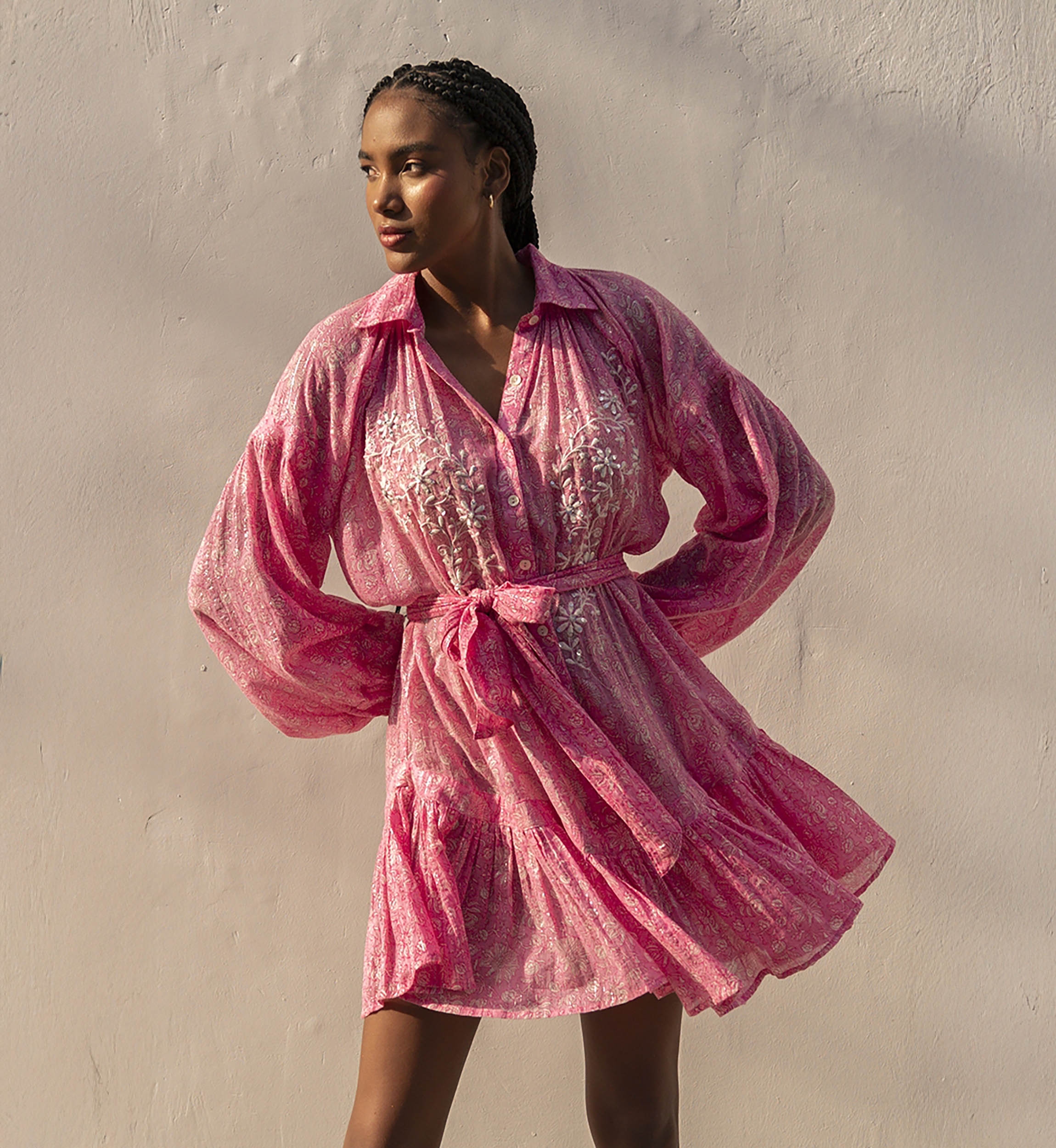 Pia short dress - pink - long sleeves - embroidered with sequins - Miss June Paris - 2