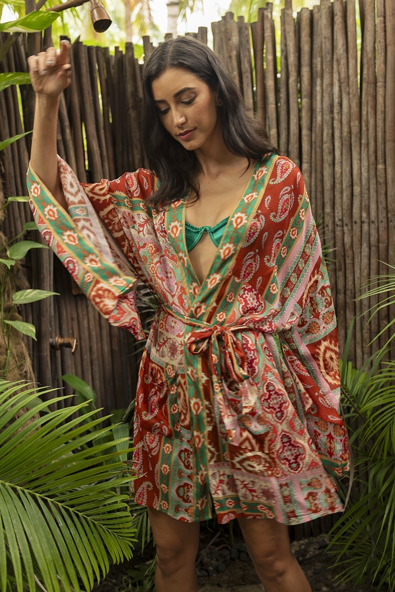 Kimono corto Lulia - multicolor - estampado paisley - cinturón a juego - Miss June Paris - 1