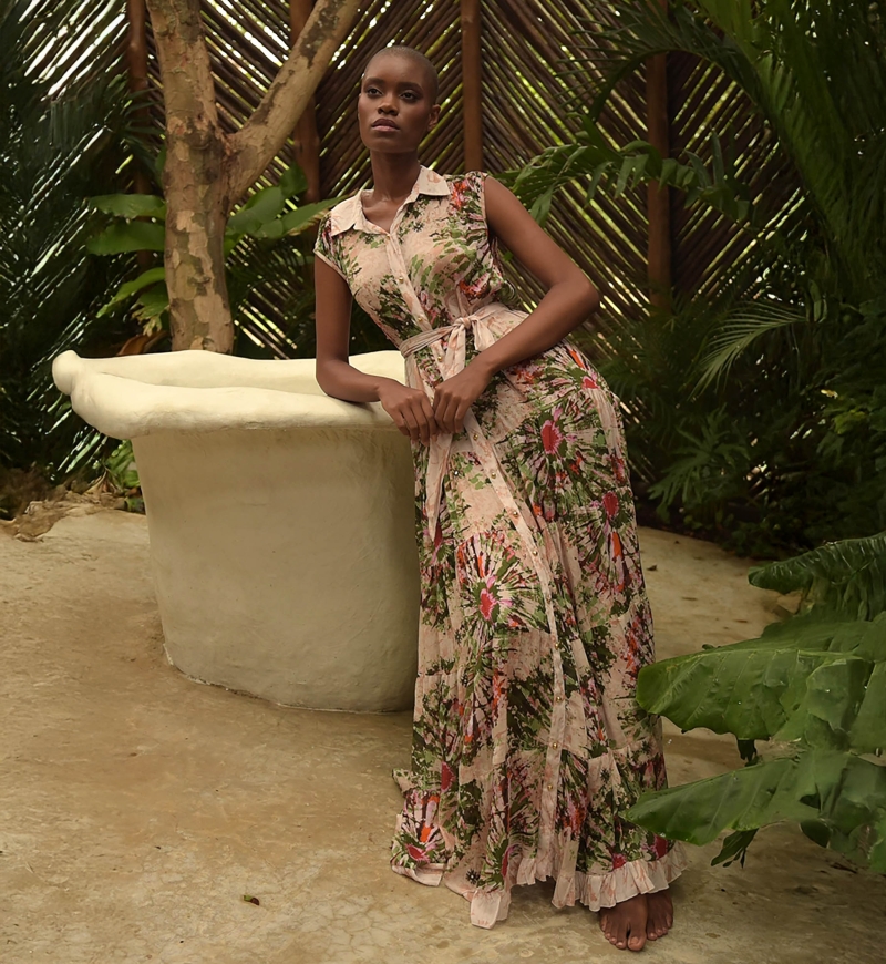 Vestido largo Jimena - cuello camisero - botones dorados - estampado floral - cinturón a juego - Miss June Paris - 3