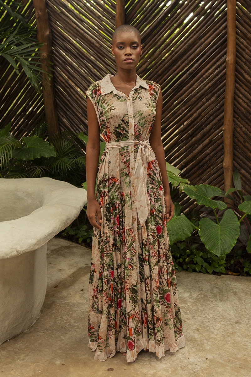 Vestido largo Jimena - cuello camisero - botones dorados - estampado floral - cinturón a juego - Miss June Paris - 2