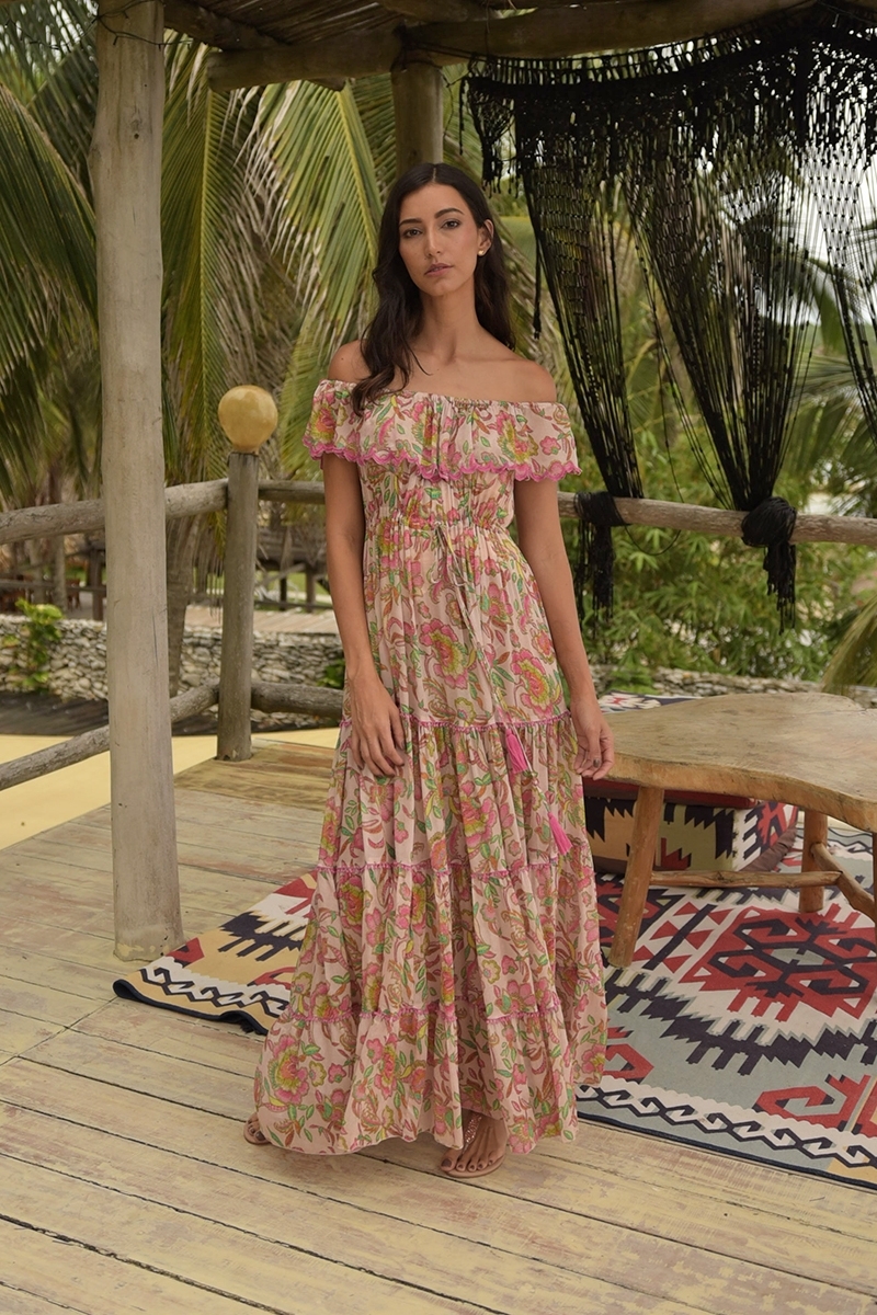 Vestido largo Karina - colores vivos - estampado floral - hombros descubiertos - Miss June Paris - 3