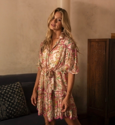 Short Dress Catalina: pink/multicolor - floral print - short sleeves - matching belt - Miss June Paris - 2