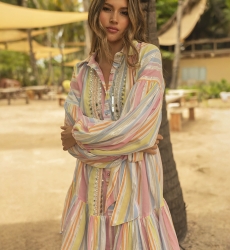 Antonia Short Dress: multicolor - striped - chest adorned with small mirrors - long sleeves - Miss June Paris - 2