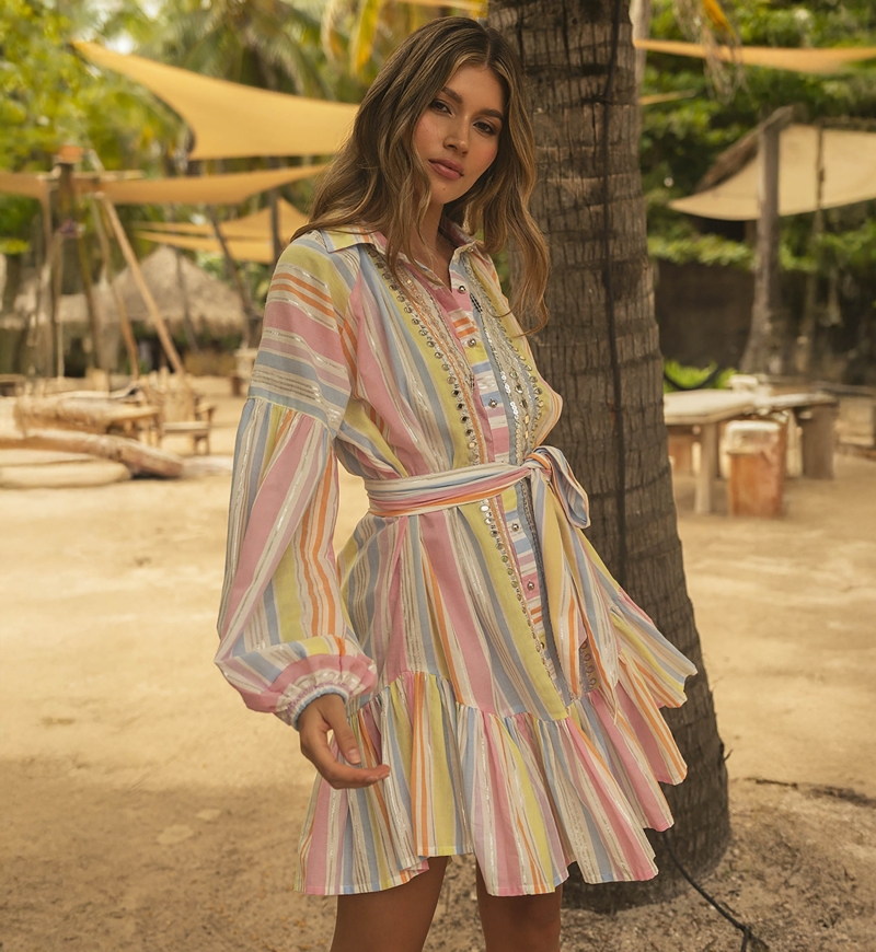 Vestido Corto Antonia: multicolor - a rayas - pecho adornado con pequeños espejos - mangas largas - Miss June Paris - 3